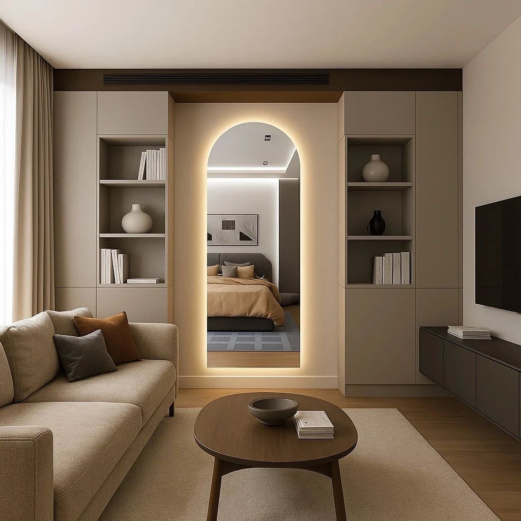 Espejo ovalado de Pinterest con base recta y LED de 150 cm / 170 cm – Oferta